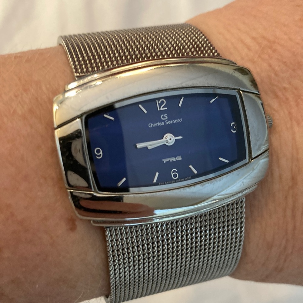 Charles Sernard Japanese movement 1.25” wide metal banded watch.